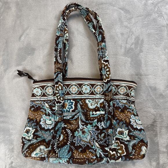 Vera Bradley Java Blue Tote Bag Turquoise Brown Quilted Cotton Boho USA - Picture 1 of 9